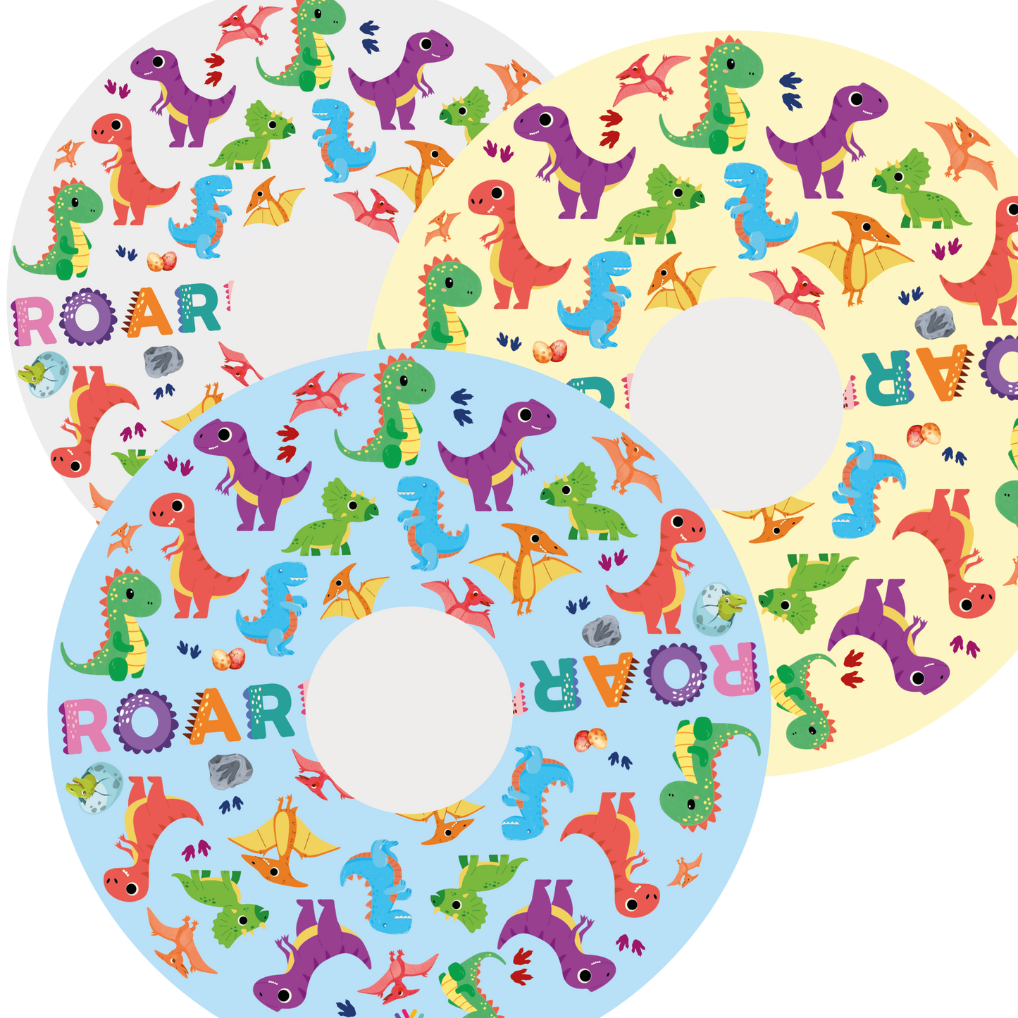 Three dinosaur themed spoke guard covers for wheelchairs. three different background colours including white, blue and cream.