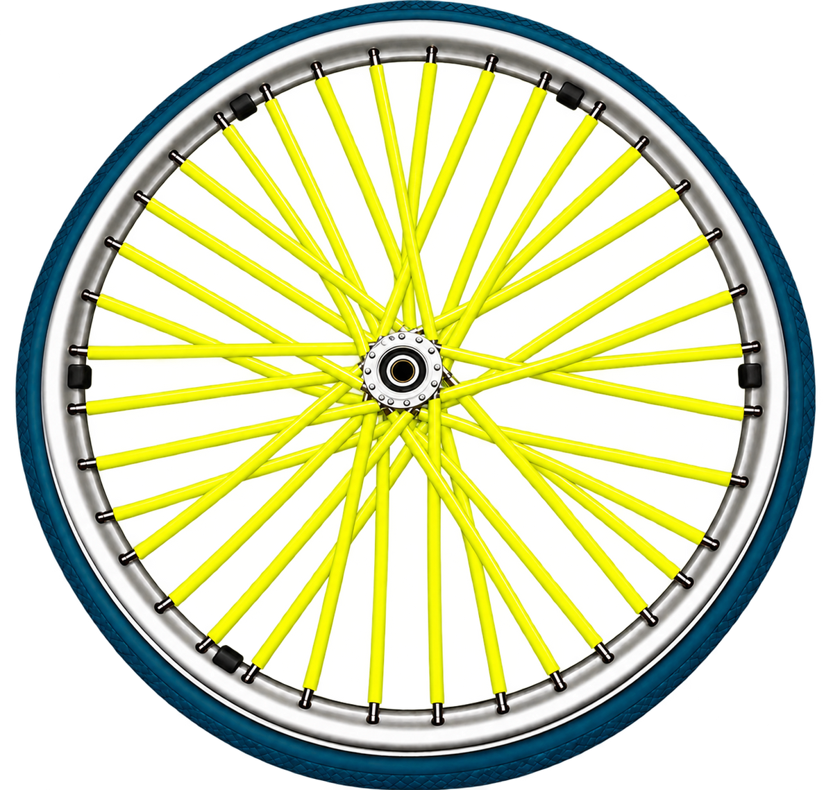 Fluorescent yellow wheelchair spoke covers fitted to the spokes of a wheelchair wheel.