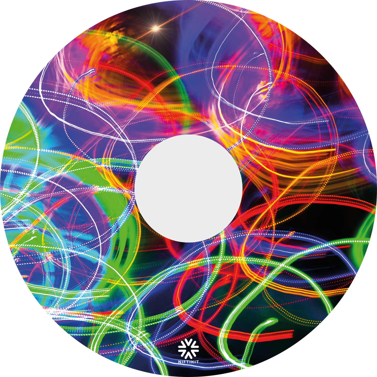 Wheelchair spoke guard cover with 135mm centre cutout showing bright long exposure colourful light trails and Niftikit LTD logo in white at the bottom.
