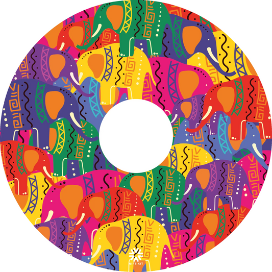 Pop Art Rainbow Elephant wheelchair spoke guard with central cut out, showing bright pink, yellow, orange, purple and green elephant pattern by Niftikit.