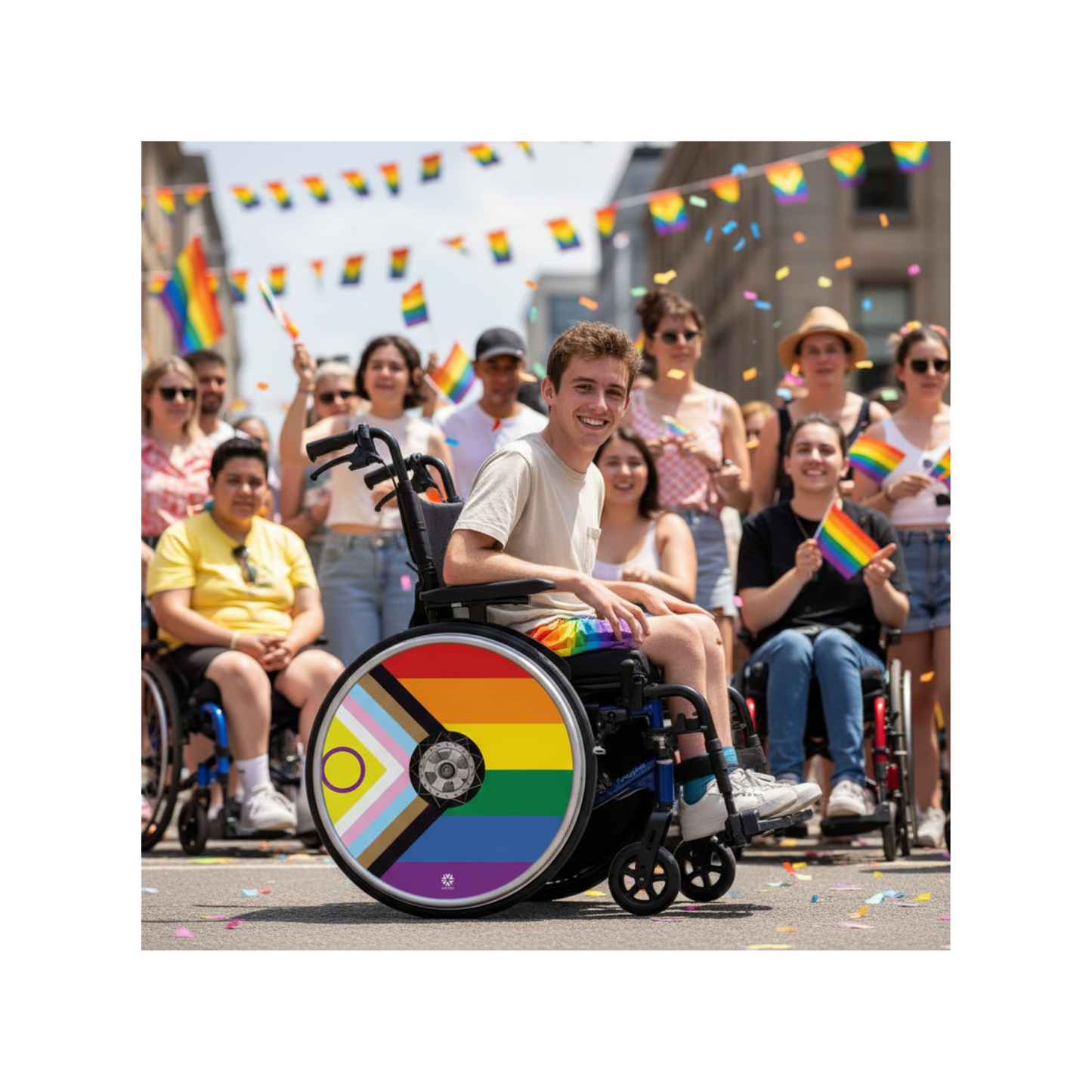 Wheelchair user enjoying a Pride celebration with Progress Pride Flag wheelchair wheel covers, colourful LGBTQ+ wheelchair accessories promoting inclusion, self-expression and wheelchair personalisation.