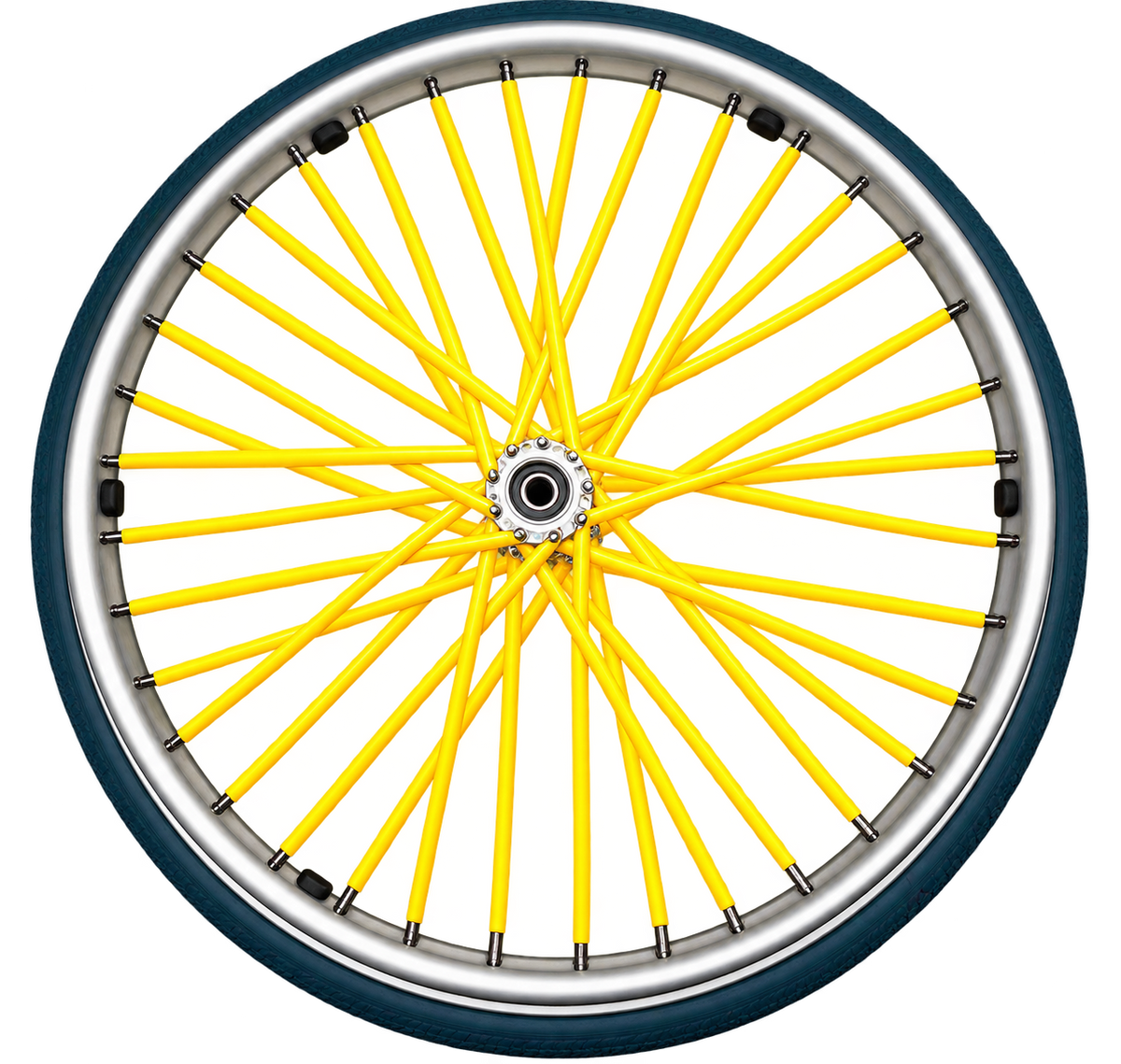 Sunshine yellow wheelchair spoke covers fitted to the spokes of a wheelchair wheel.