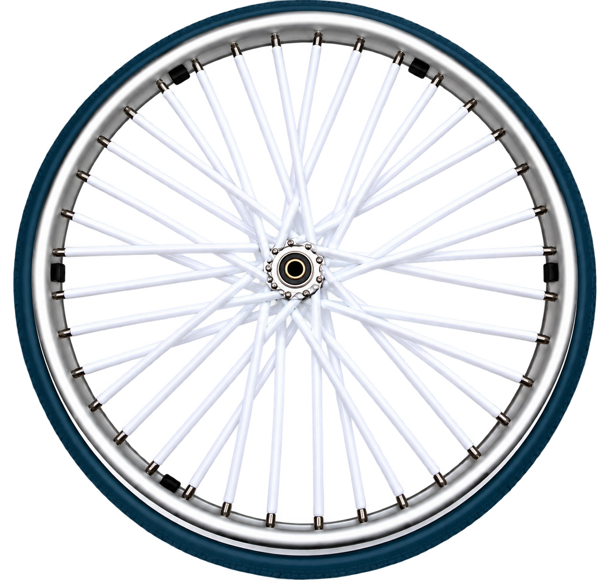 White wheelchair spoke covers fitted to the spokes of a wheelchair wheel.
