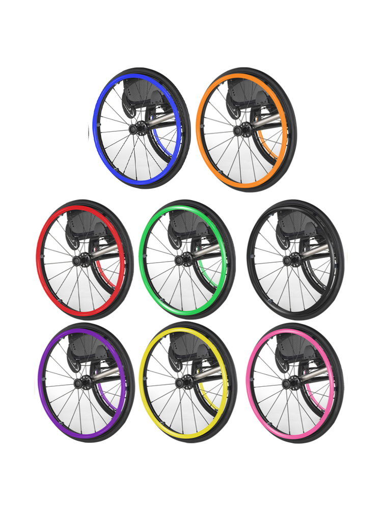 8 Wheelchair wheels each with a  different bright coloured silicone hand rim push rim cover by Niftikit