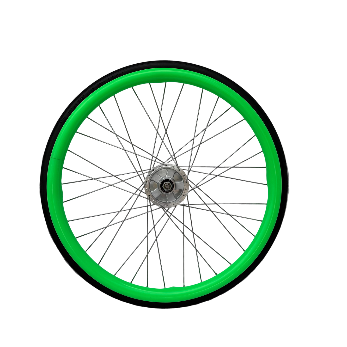 Wheelchair wheel with green silicone Handrim cover, Push rim cover on a white background