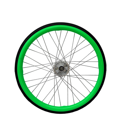Wheelchair wheel with green silicone Handrim cover, Push rim cover on a white background