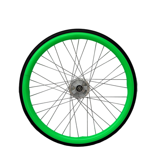 Wheelchair wheel with green silicone Handrim cover, Push rim cover on a white background