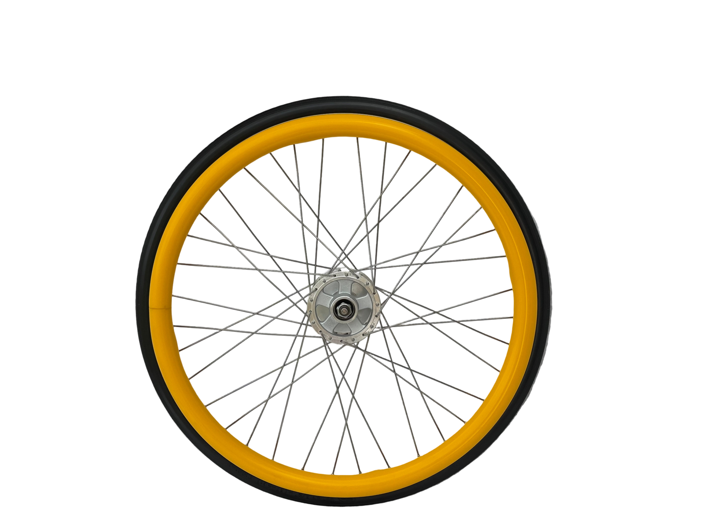 Wheelchair wheel with yellow silicone Handrim cover, Push rim cover on a white background