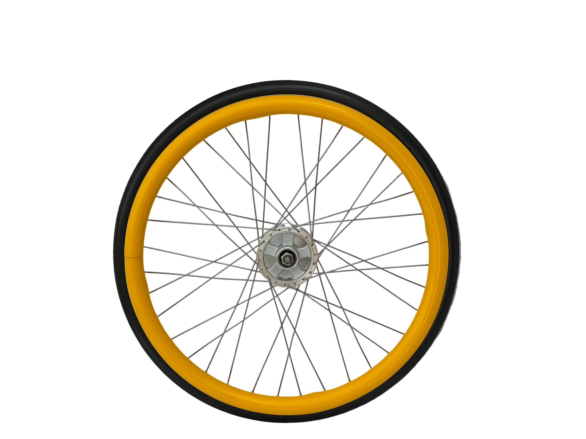 Wheelchair wheel with yellow silicone Handrim cover, Push rim cover on a white background