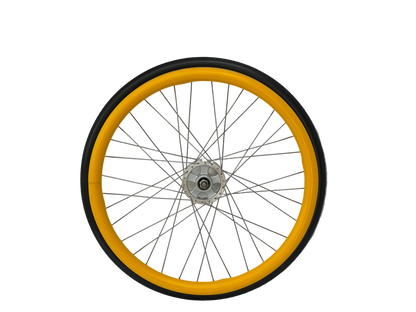 Wheelchair wheel with yellow silicone Handrim cover, Push rim cover on a white background