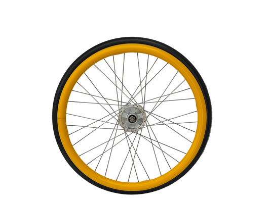 Wheelchair wheel with yellow silicone Handrim cover, Push rim cover on a white background