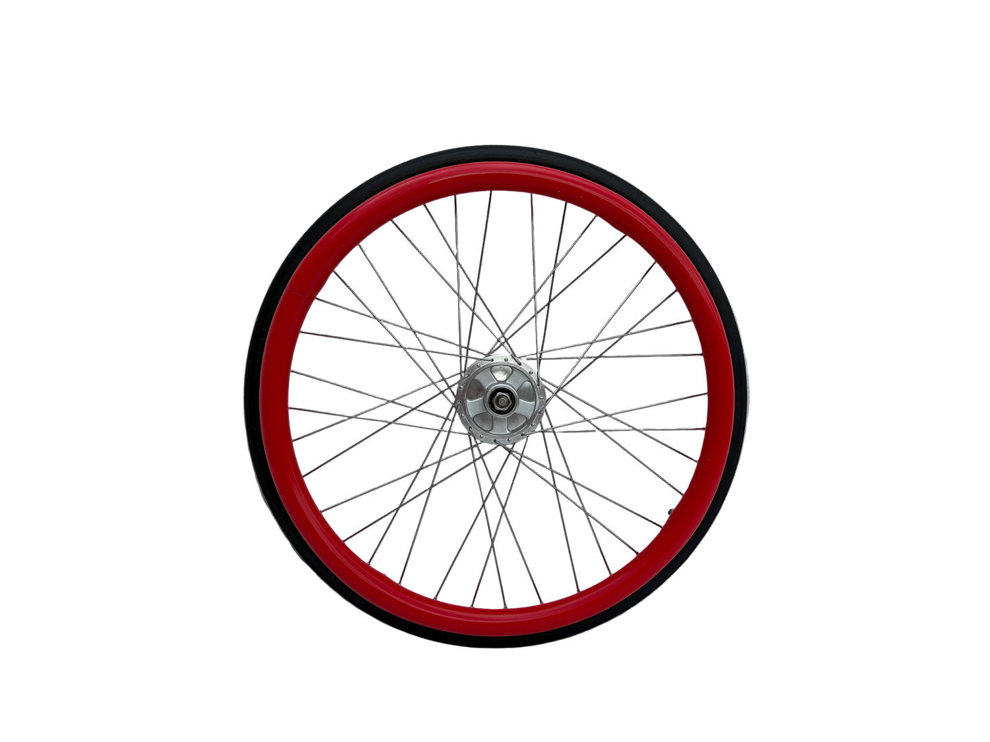Wheelchair wheel with red silicone Handrim cover, Push rim cover on a white background