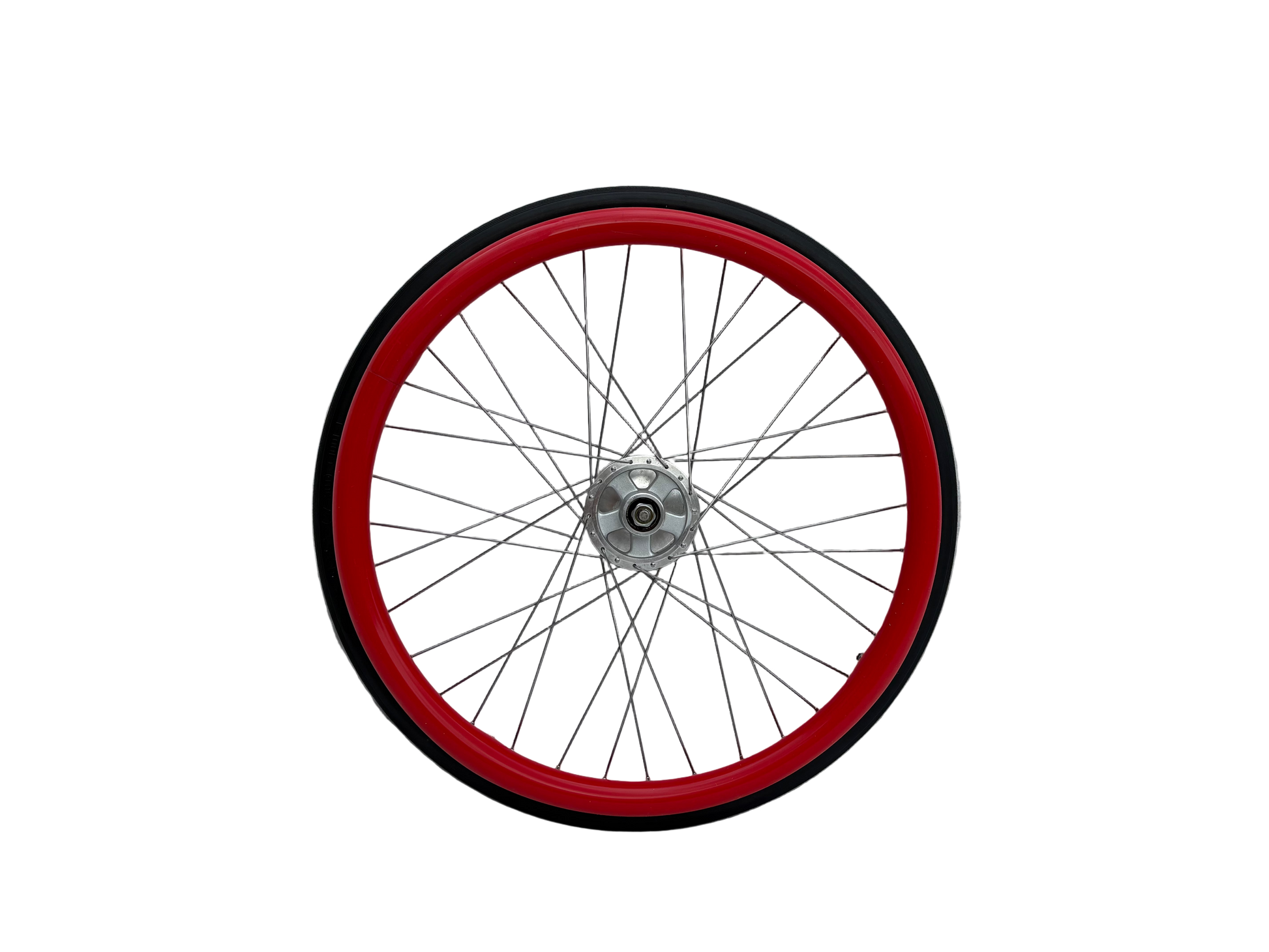 Wheelchair wheel with red silicone Handrim cover, Push rim cover on a white background