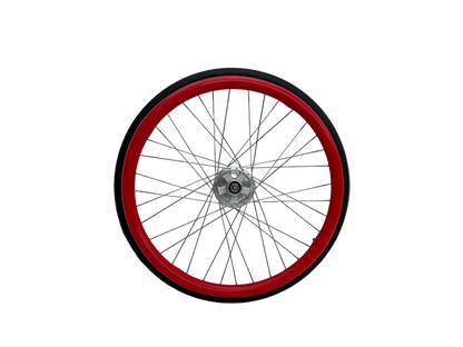 Wheelchair wheel with red silicone Handrim cover, Push rim cover on a white background