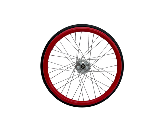 Wheelchair wheel with red silicone Handrim cover, Push rim cover on a white background