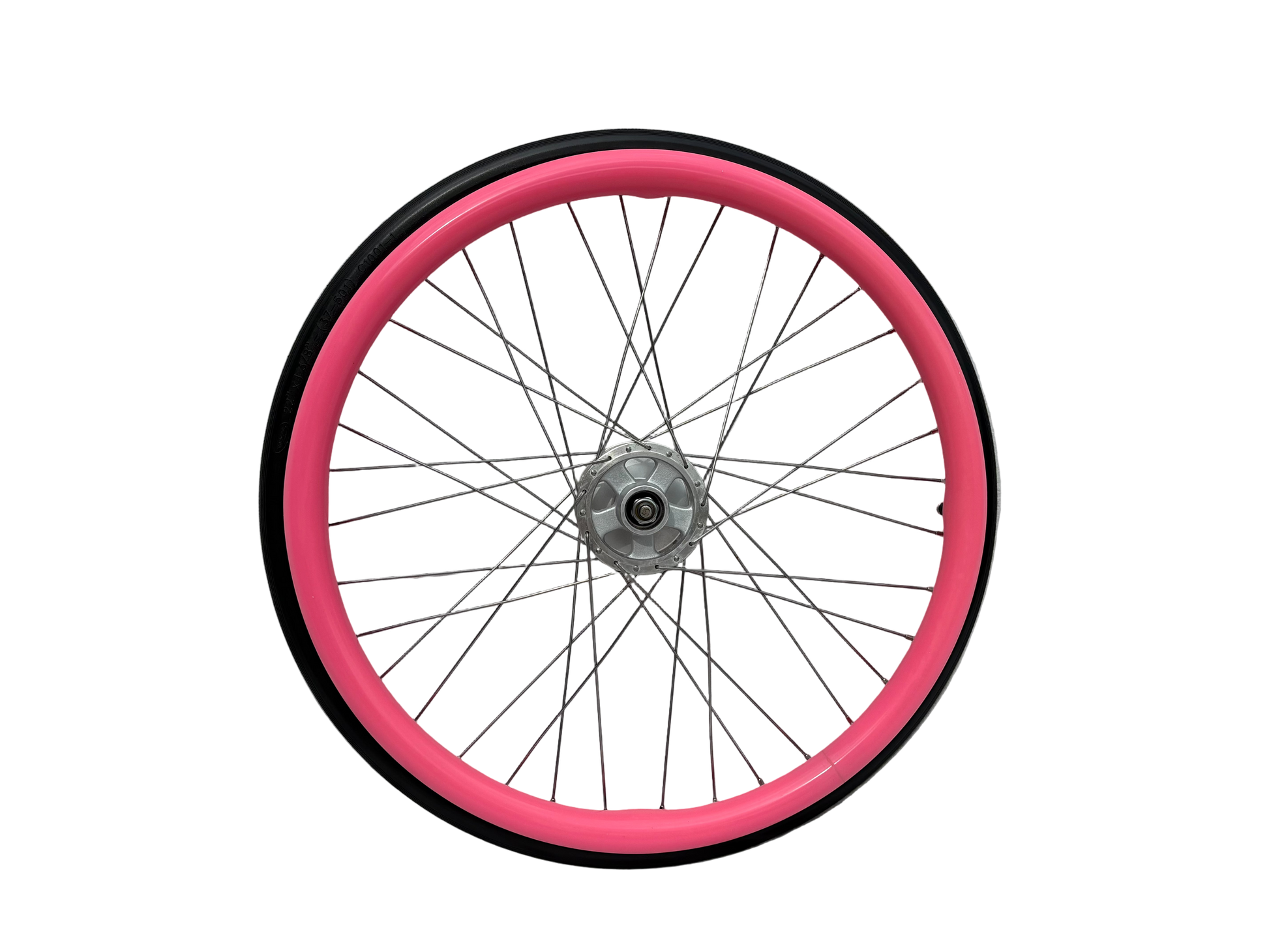 Wheelchair wheel with pink silicone Handrim cover, Push rim cover on a white background