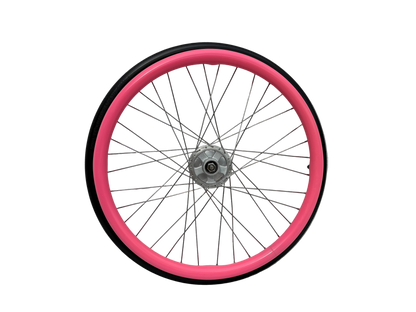 Wheelchair wheel with pink silicone Handrim cover, Push rim cover on a white background