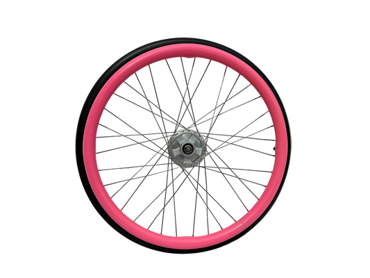 Wheelchair wheel with pink silicone Handrim cover, Push rim cover on a white background