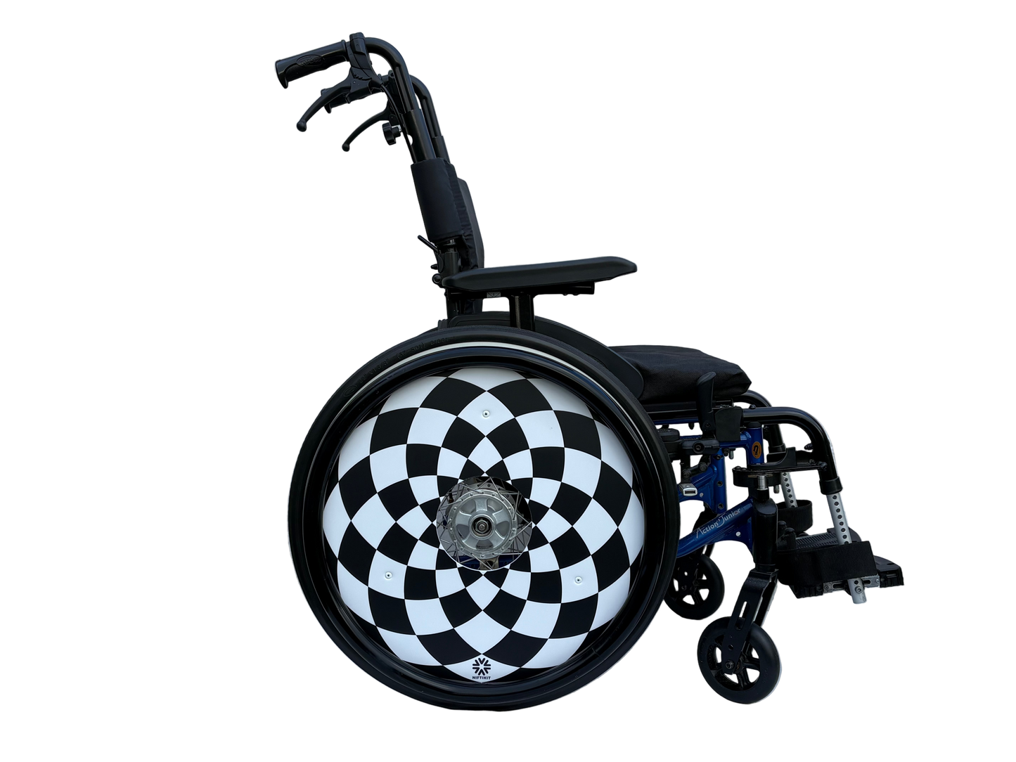 Wheelchair with wheel guard  featuring black and white geometric pattern, finished with a sleek black silicone hand rim cover for grip and comfort.