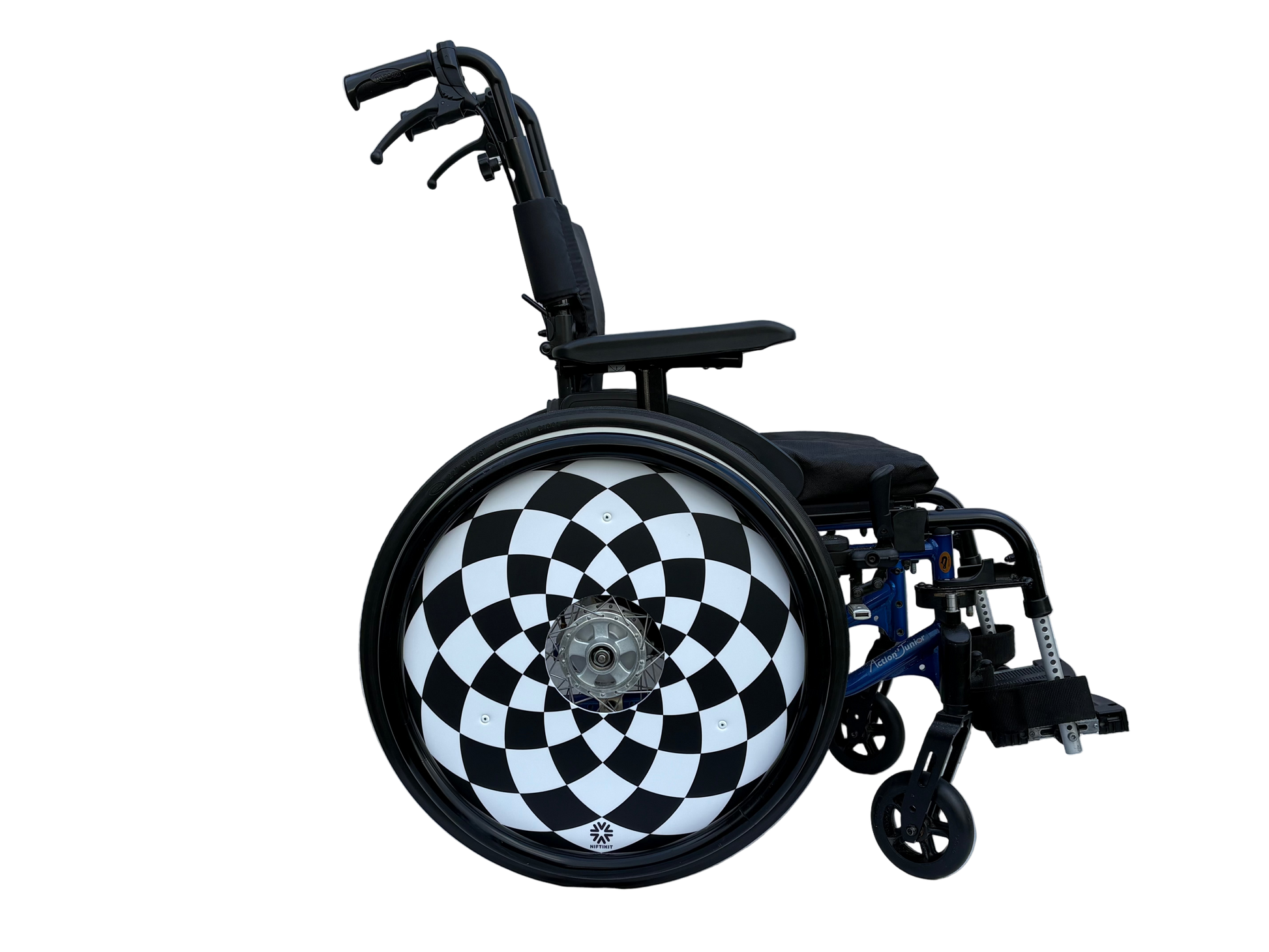 Wheelchair with wheel guard  featuring black and white geometric pattern, finished with a sleek black silicone hand rim cover for grip and comfort.