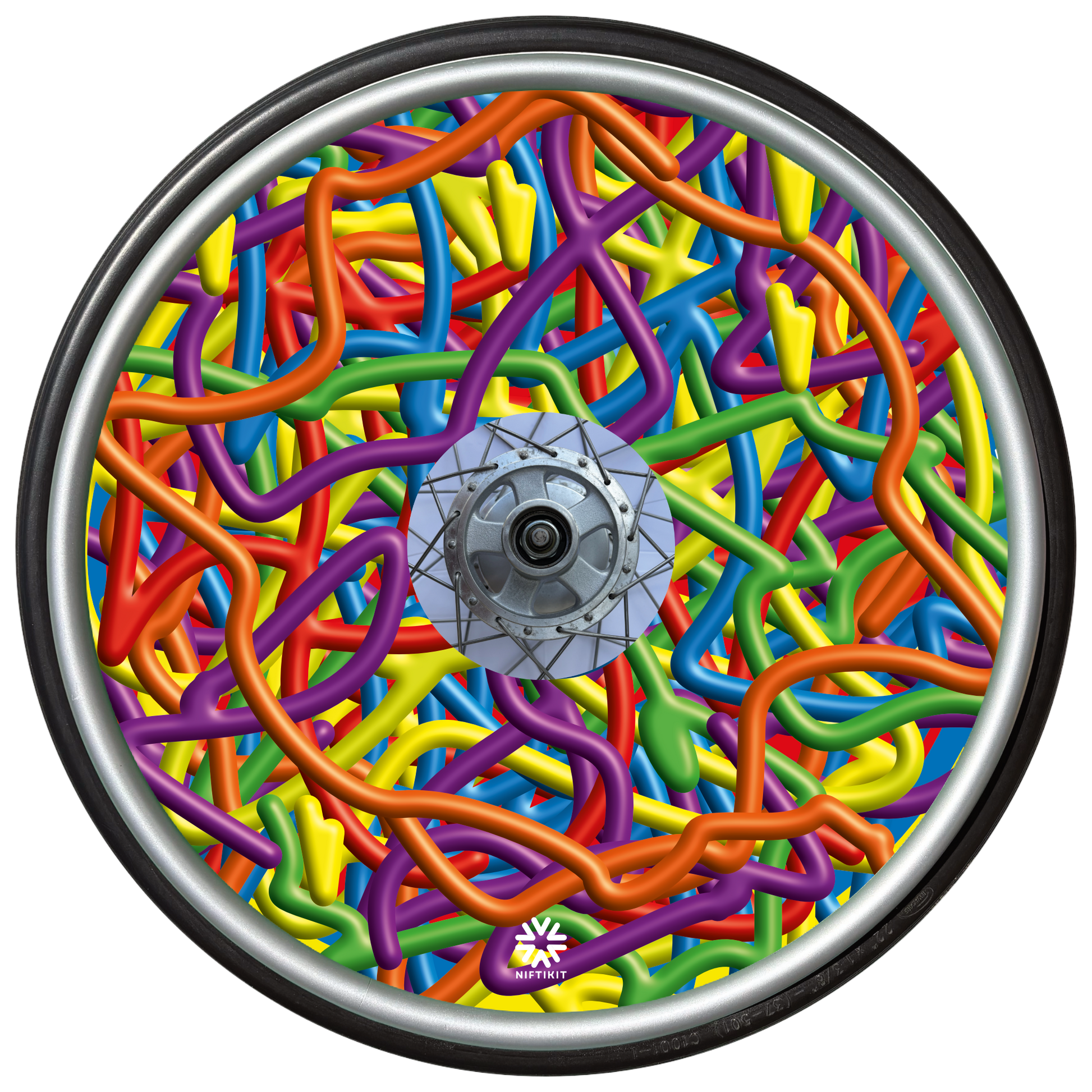 Colorful Wheelchair wheel cover  with a busy 3D scribble spaghetti  pattern in bright colours. 