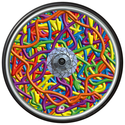 Colorful Wheelchair wheel cover  with a busy 3D scribble spaghetti  pattern in bright colours. 
