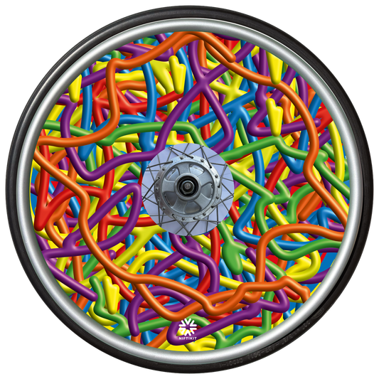 Colorful Wheelchair wheel cover  with a busy 3D scribble spaghetti  pattern in bright colours. 