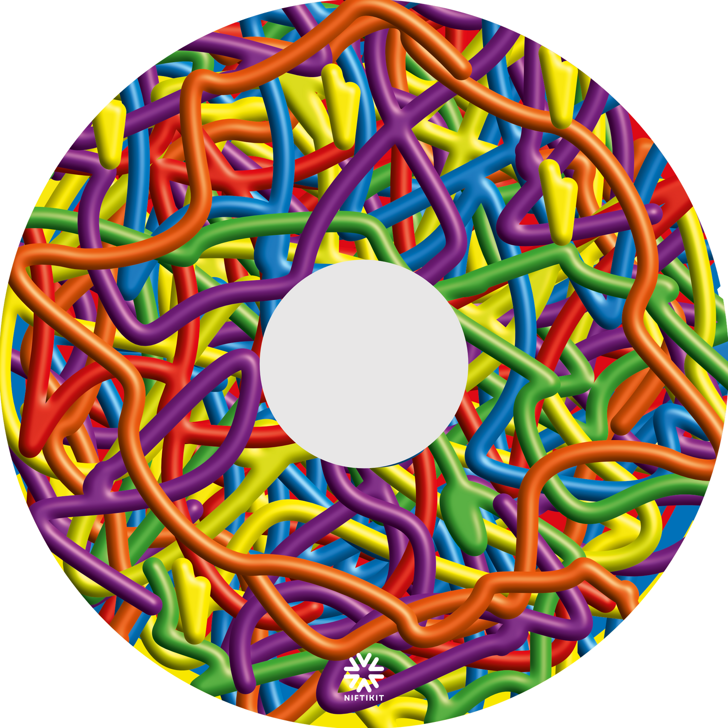 Colorful Wheelchair spoke guard cover  with a busy 3D scribble spaghetti  pattern in bright colours. 