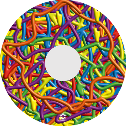 Colorful Wheelchair spoke guard cover  with a busy 3D scribble spaghetti  pattern in bright colours. 