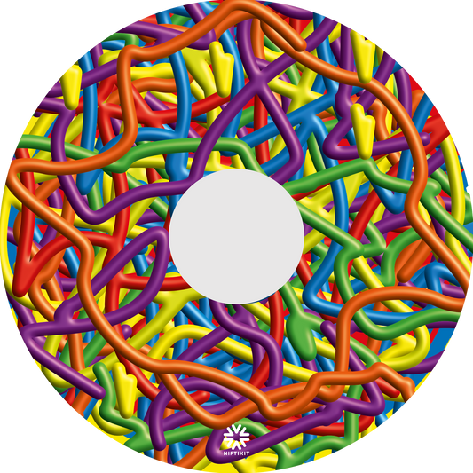 Colorful Wheelchair spoke guard cover  with a busy 3D scribble spaghetti  pattern in bright colours. 