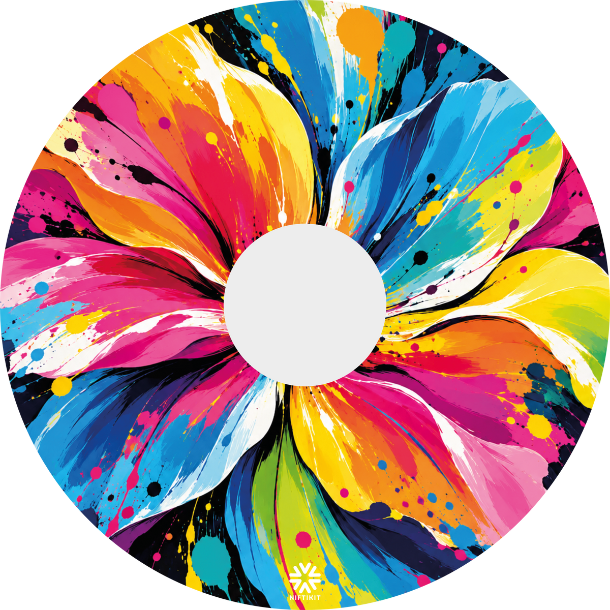 Abstract Flower Pop colourful abstract flower design for Niftikit wheelchair wheel covers, featuring vibrant pink, blue, yellow and orange paint splashes.