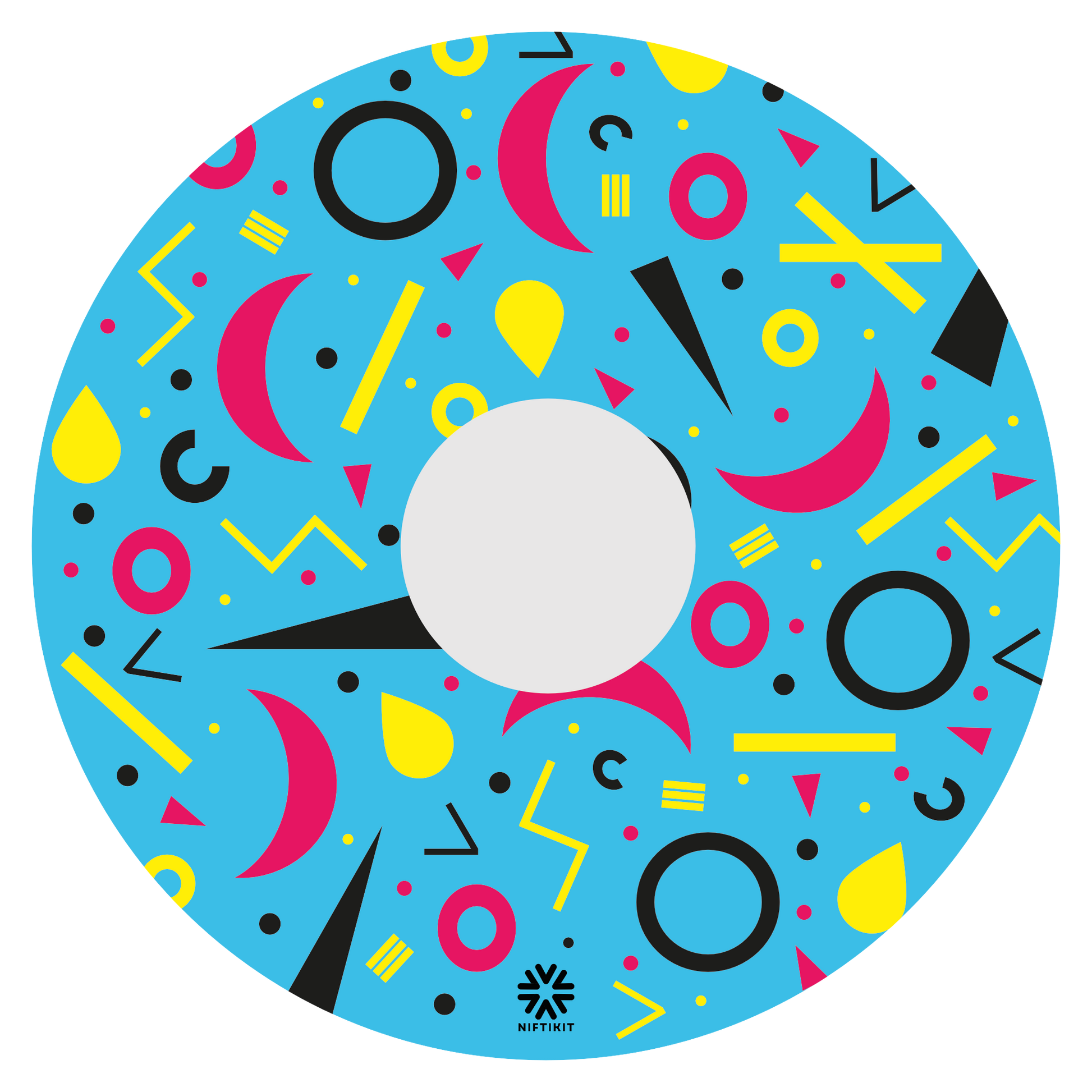 Spoke guard disc with rings, lines  and moons patterns in pink, black, yellow. Centre hub cutout, small Niftikit label. Blue background. 
