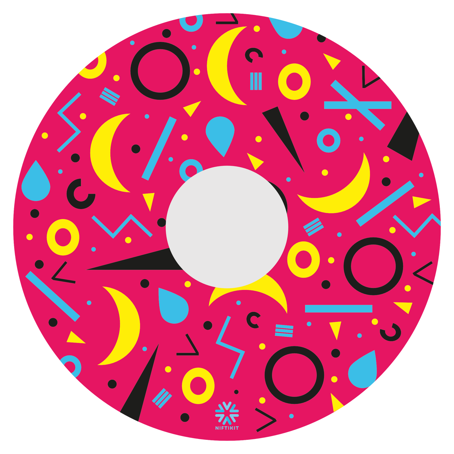 Spoke guard disc with rings, lines  and moons patterns in black, blue, yellow. Centre hub cutout, small Niftikit label. pink background. 