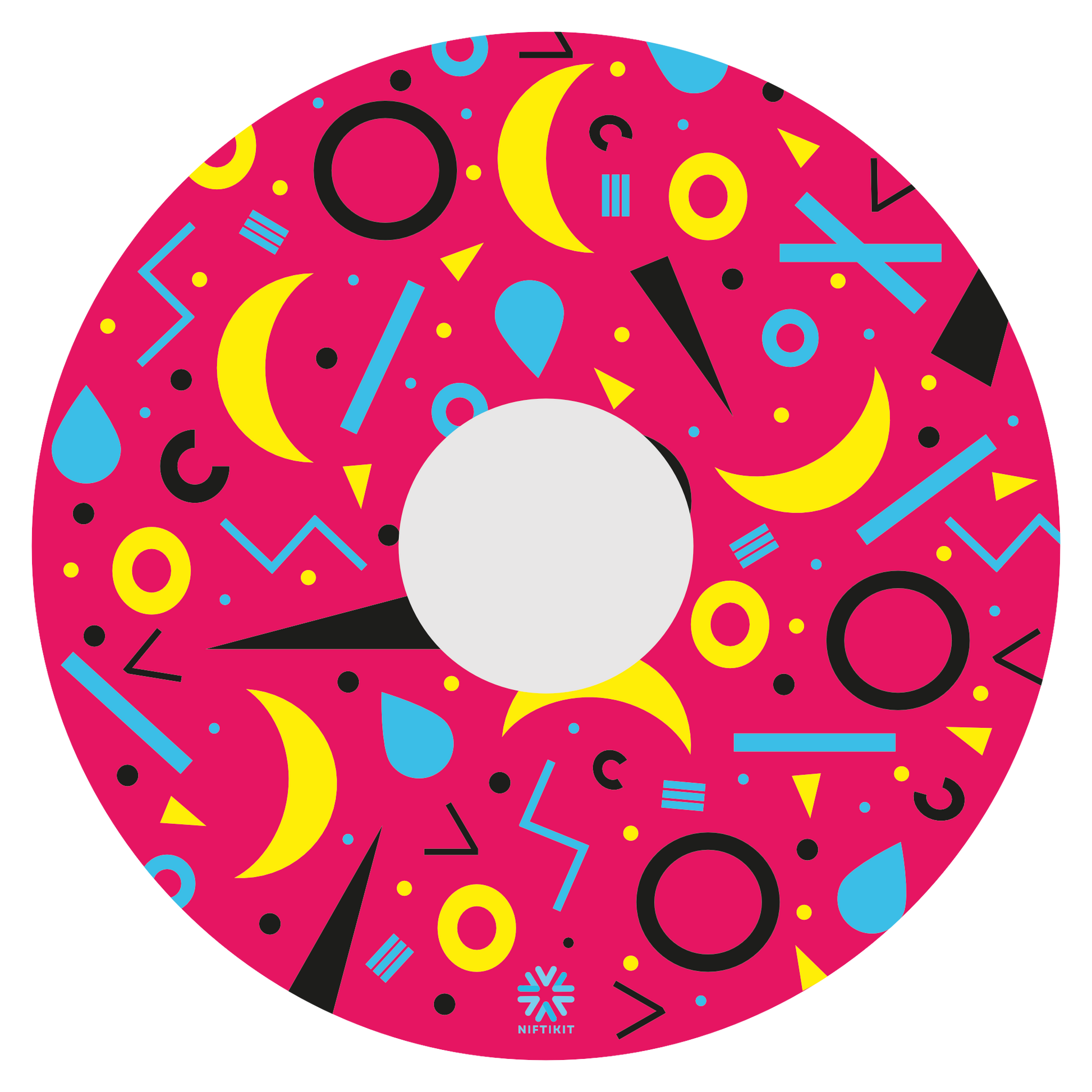 Spoke guard disc with rings, lines  and moons patterns in black, blue, yellow. Centre hub cutout, small Niftikit label. pink background. 