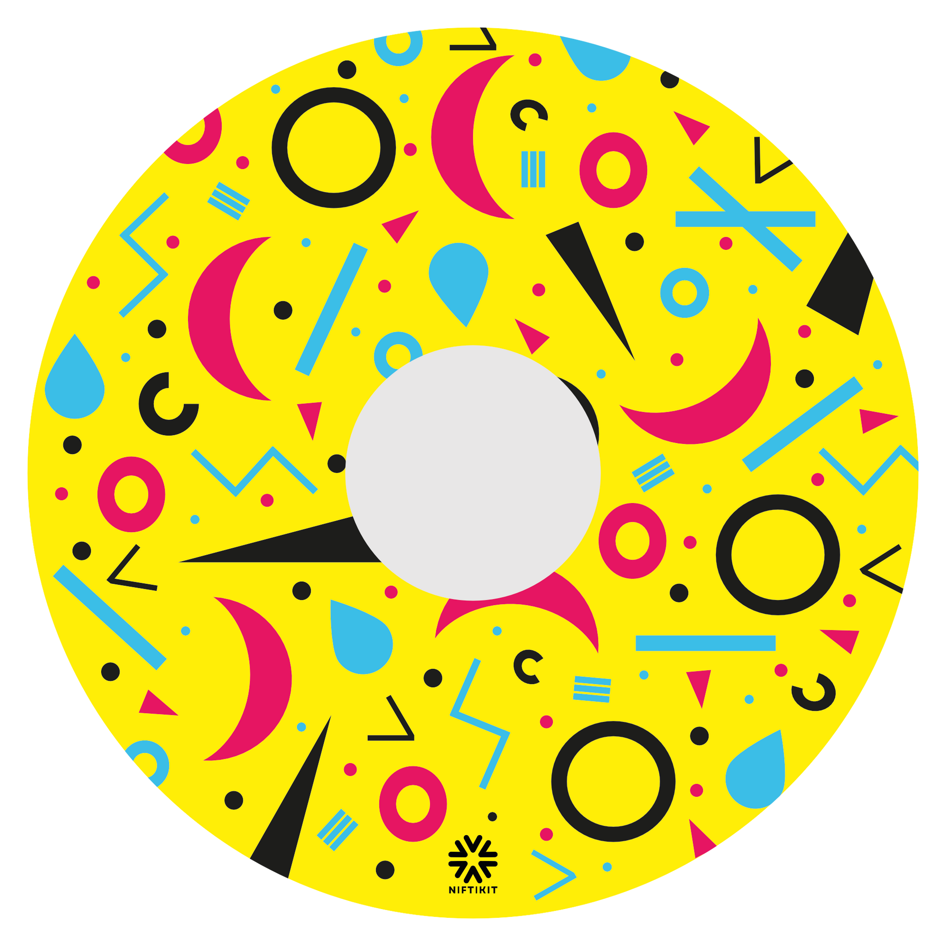 Spoke guard disc with rings, lines  and moons patterns in pink, blue, black. Centre hub cutout, small Niftikit label. Yellow background. 