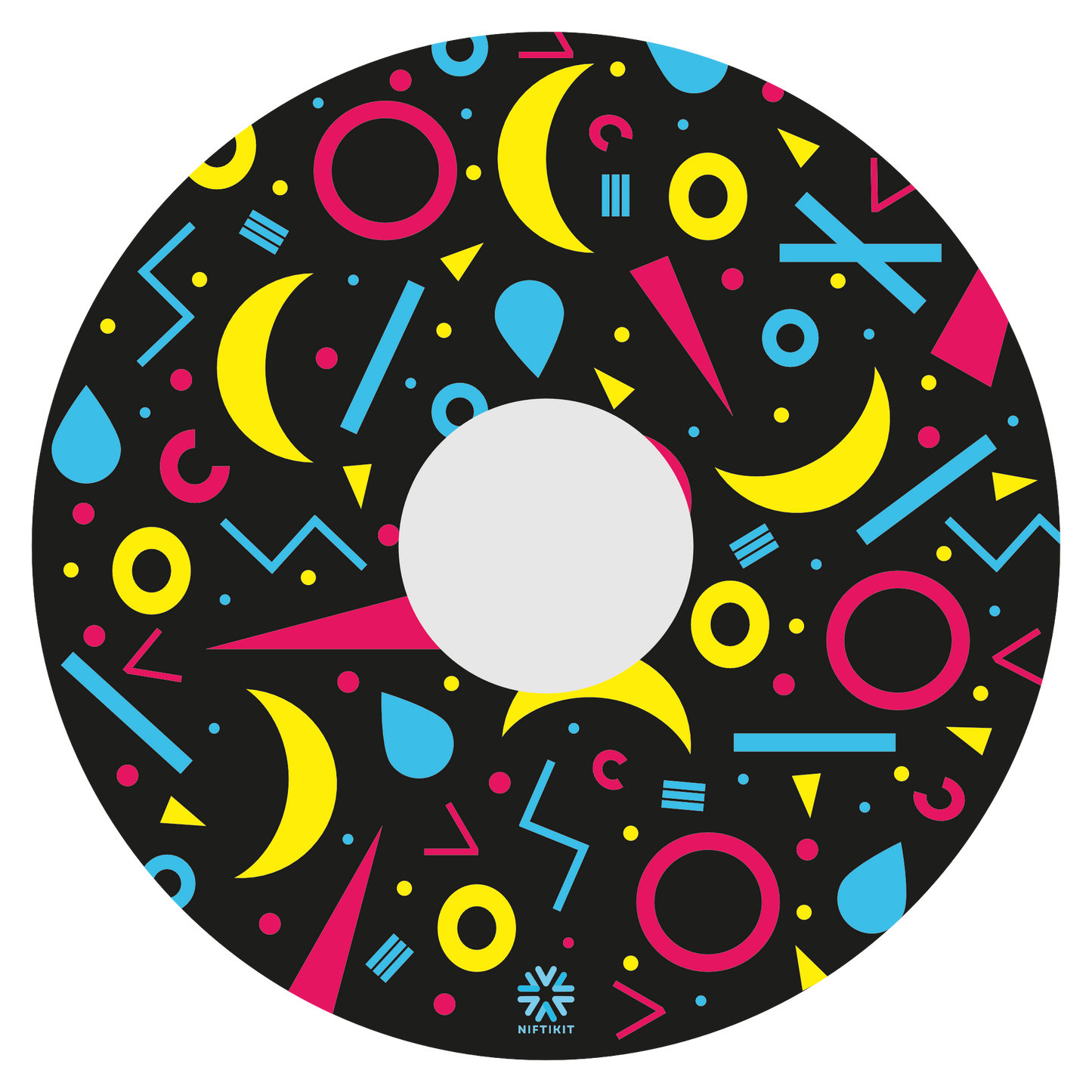 Spoke guard disc with rings, lines  and moons patterns in pink, blue, yellow. Centre hub cutout, small Niftikit label. Black background. 