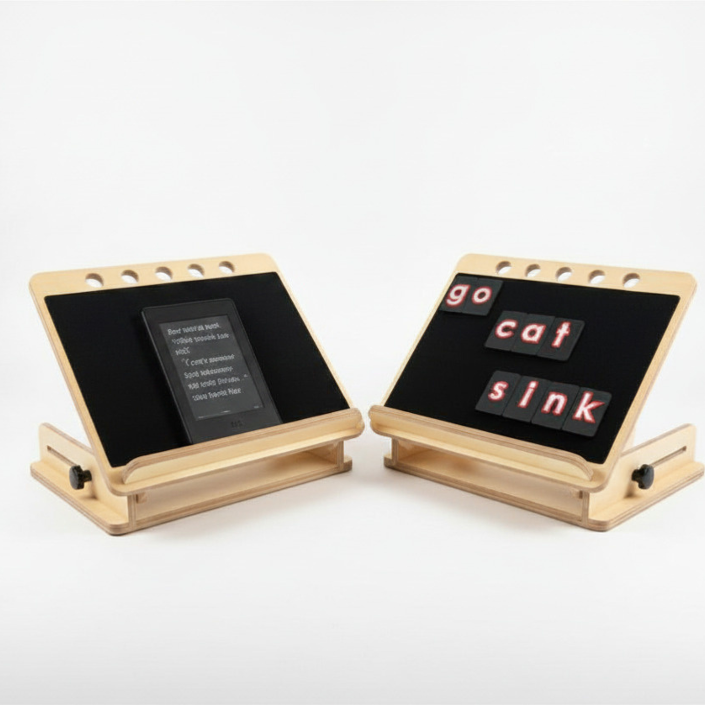 Adjustable wooden desk slope with A3 hook and loop mount board for visually impaired users