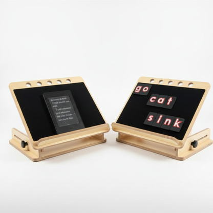 Adjustable wooden desk slope with A3 hook and loop mount board for visually impaired users