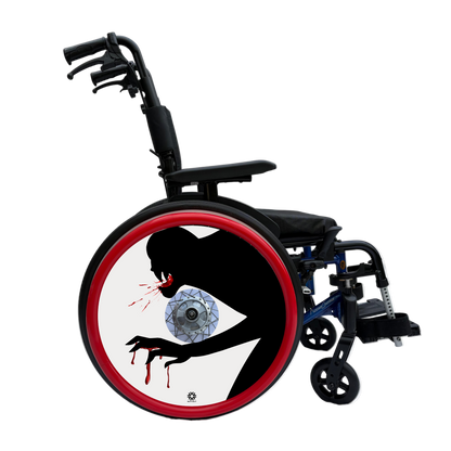 Wheelchair wheel cover on a wheel with red pushrim covers, featuring the silhouette of a monster with blood on mouth and hands on a  white background. 