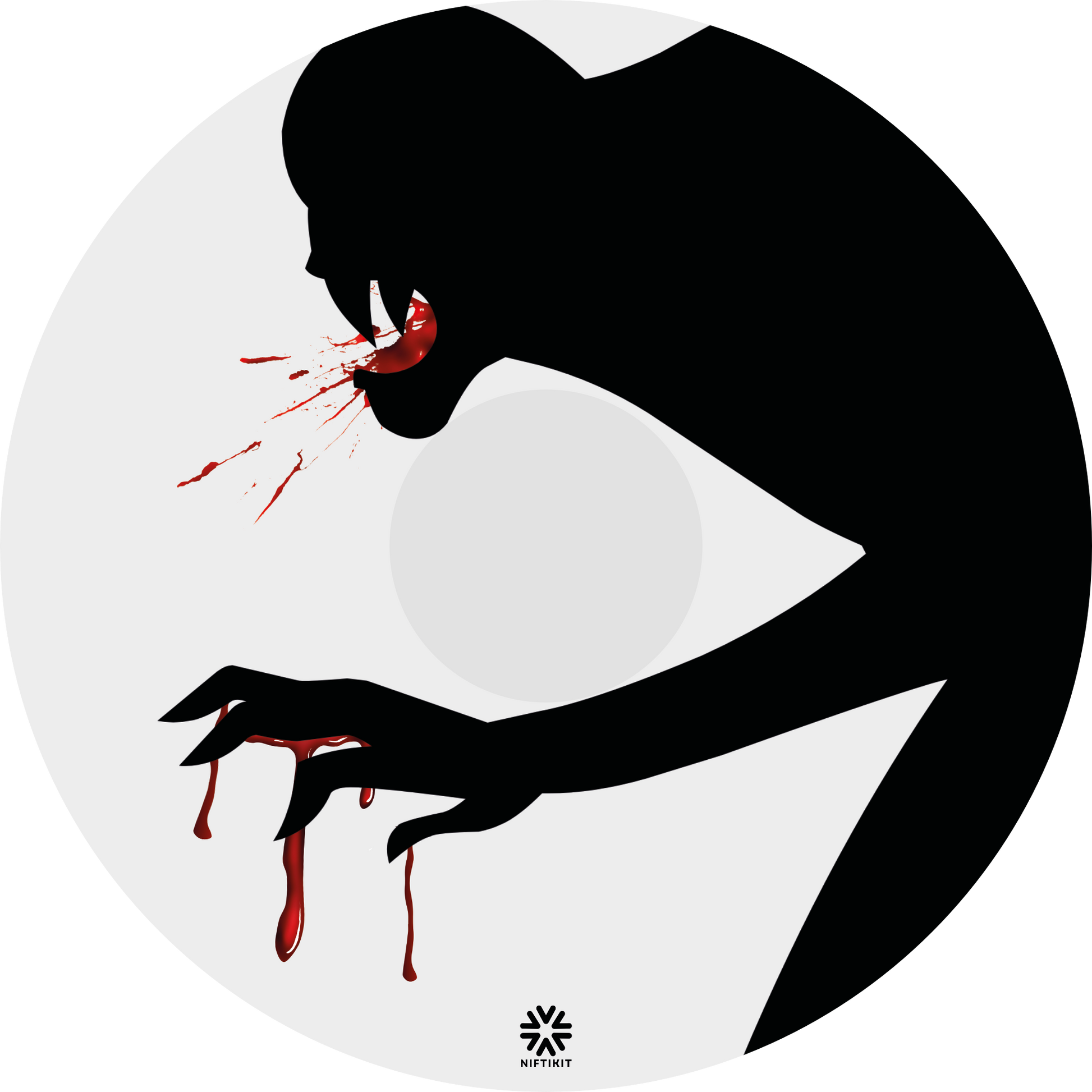 Wheelchair wheel cover featuring the silhouette of a monster with blood on mouth and hands on a  white background. 