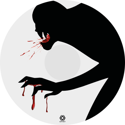 Wheelchair wheel cover featuring the silhouette of a monster with blood on mouth and hands on a  white background. 
