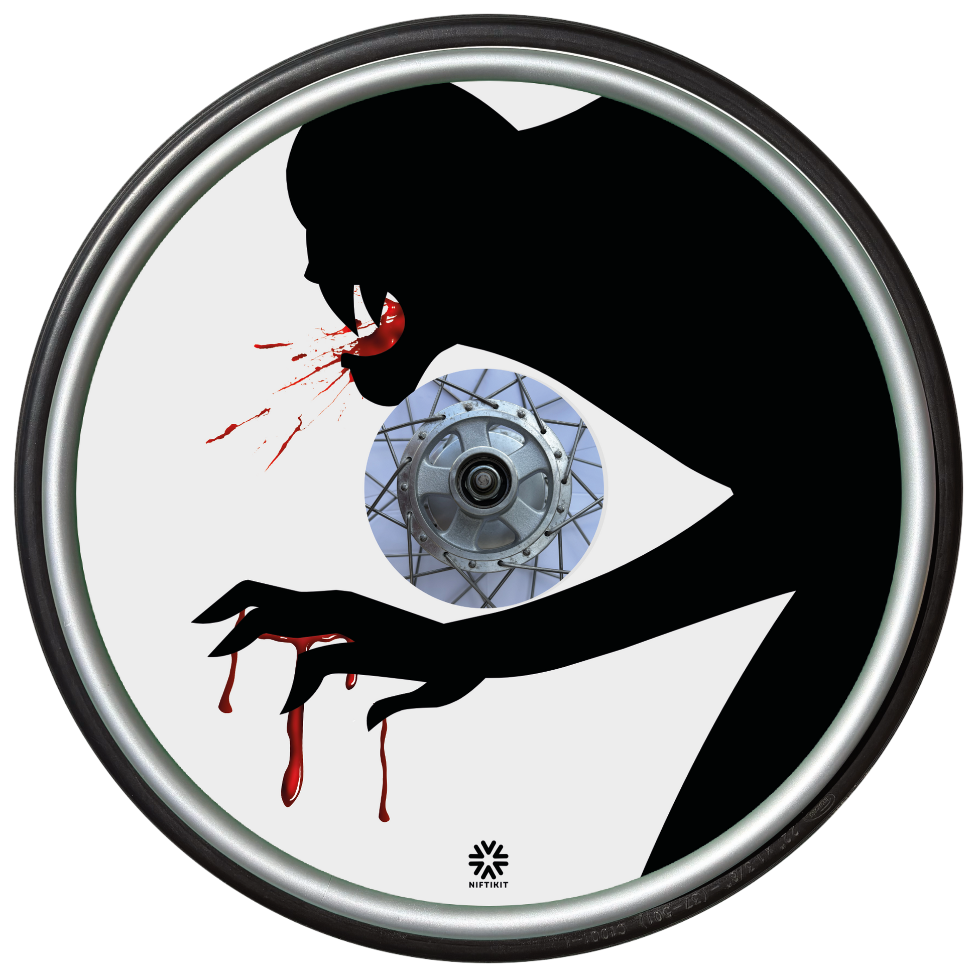 Wheelchair wheel cover on a wheel, featuring the silhouette of a monster with blood on mouth and hands on a  white background. 
