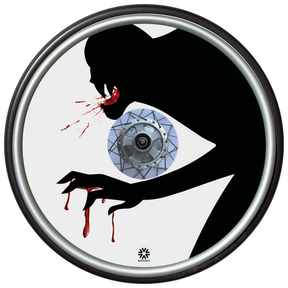 Wheelchair wheel cover on a wheel, featuring the silhouette of a monster with blood on mouth and hands on a  white background. 
