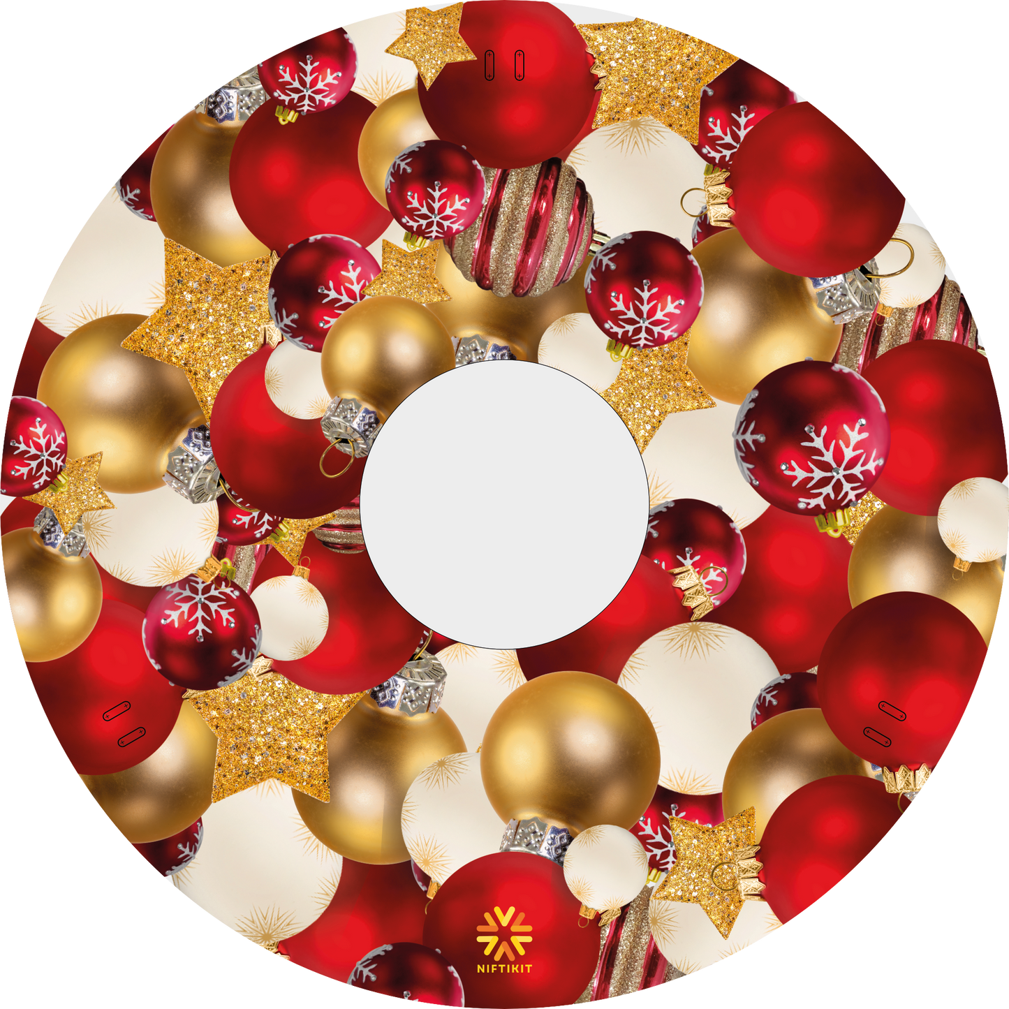 Wheelchair wheel cover with a festive design filled with multiple red, white  and gold baubles 