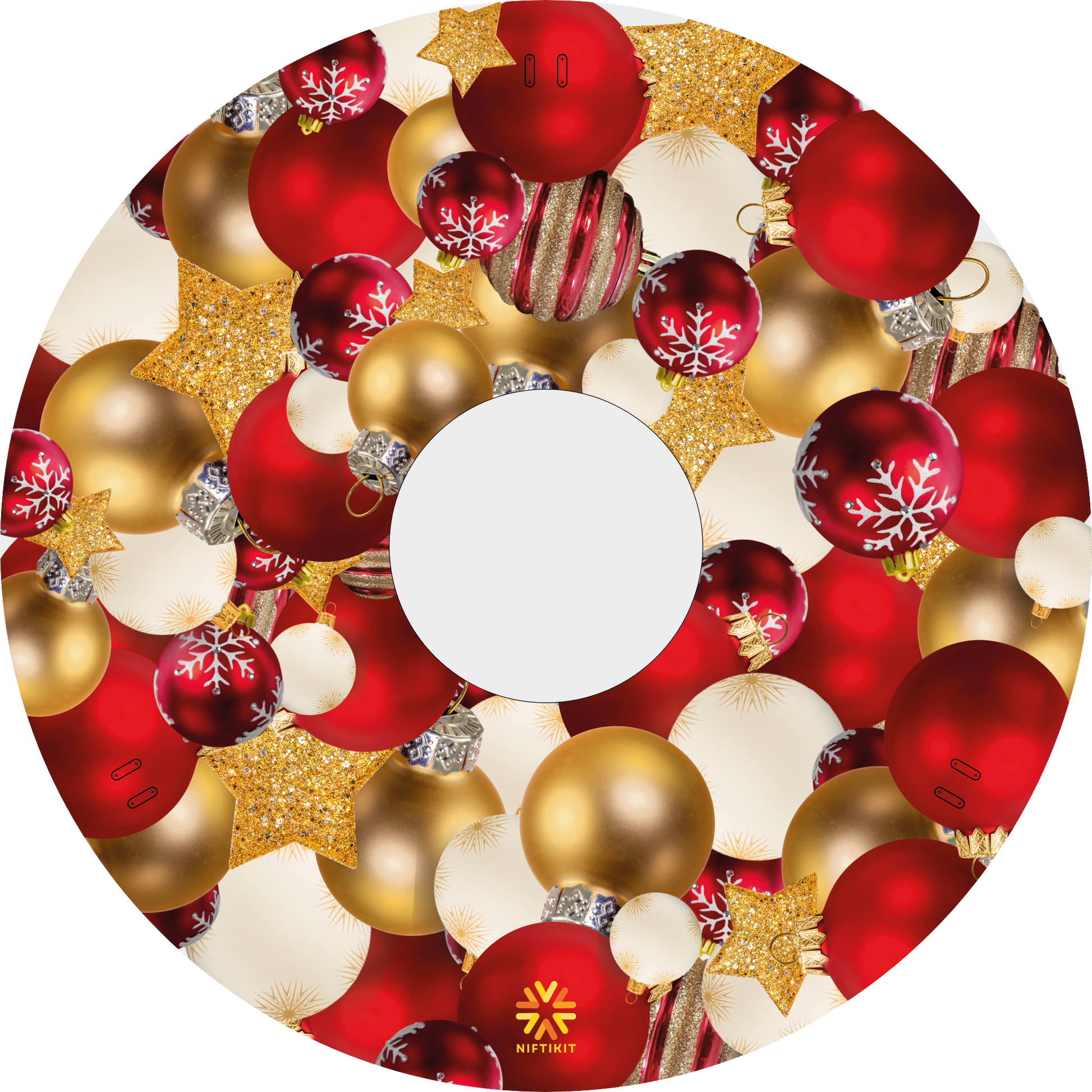 Wheelchair wheel cover with a festive design filled with multiple red, white  and gold baubles 