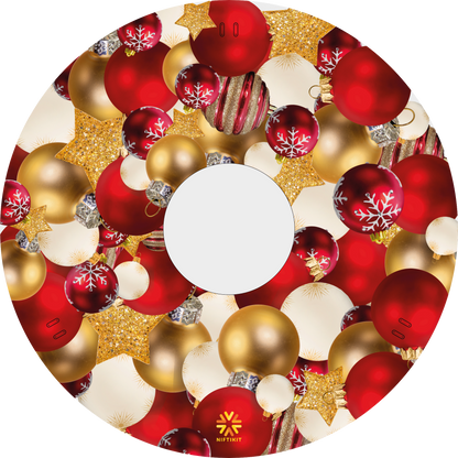 Wheelchair wheel cover with a festive design filled with multiple red, white  and gold baubles 