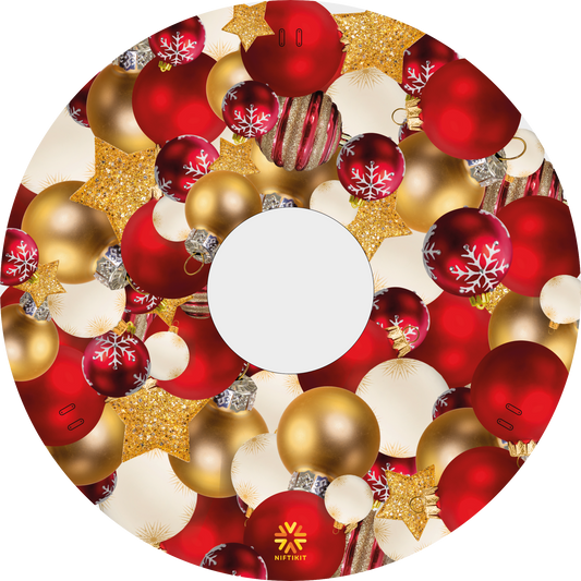 Wheelchair wheel cover with a festive design filled with multiple red, white  and gold baubles 