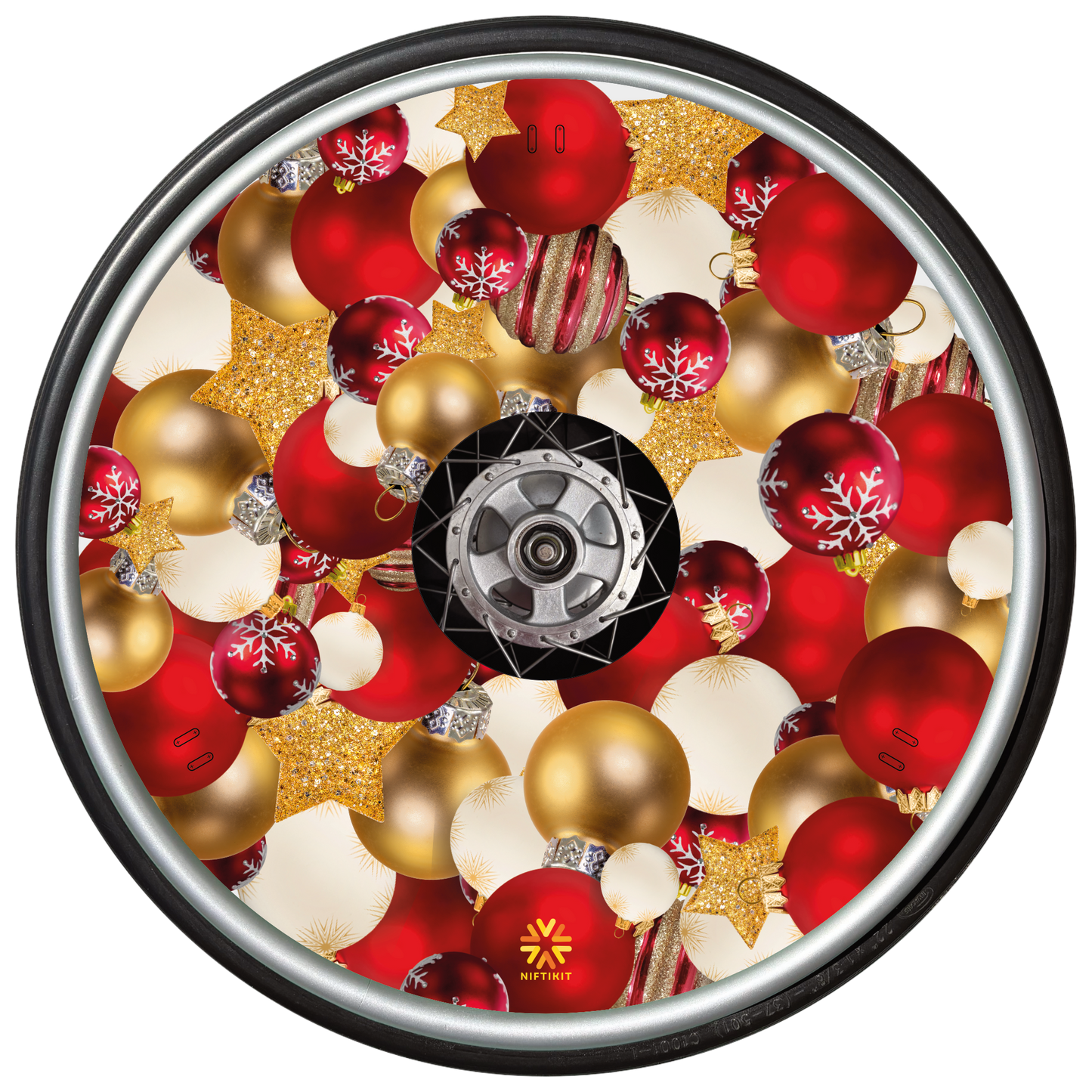 Wheelchair wheel with wheel cover featuring a festive design filled with multiple red, white  and gold baubles 