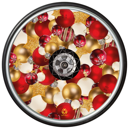 Wheelchair wheel with wheel cover featuring a festive design filled with multiple red, white  and gold baubles 