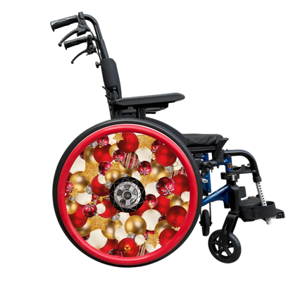Wheelchair with a festive wheel cover filled with multiple red, white  and gold baubles and red push rim covers 